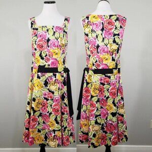 TALBOTS Floral Rose Print Drop Waist Dress Size 8 Black Sash Belt Knee Length